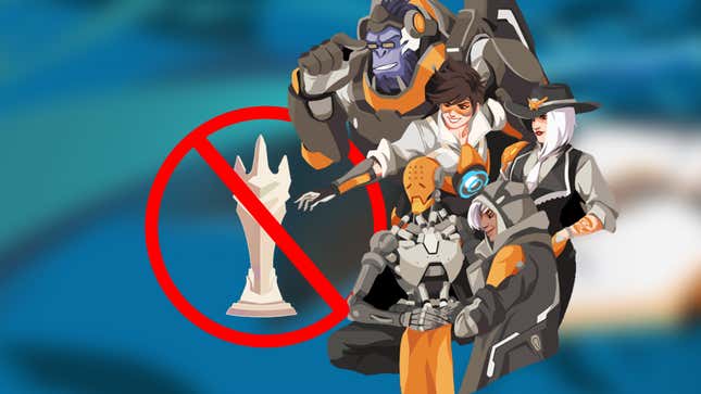 An overwatch hero tries to grab a trophy but is denied.