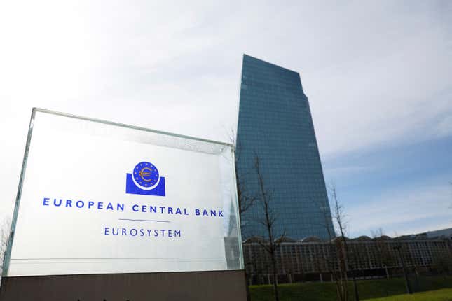 A view shows the logo of the European Central Bank (ECB) outside its headquarters in Frankfurt, Germany March 16, 2023. 