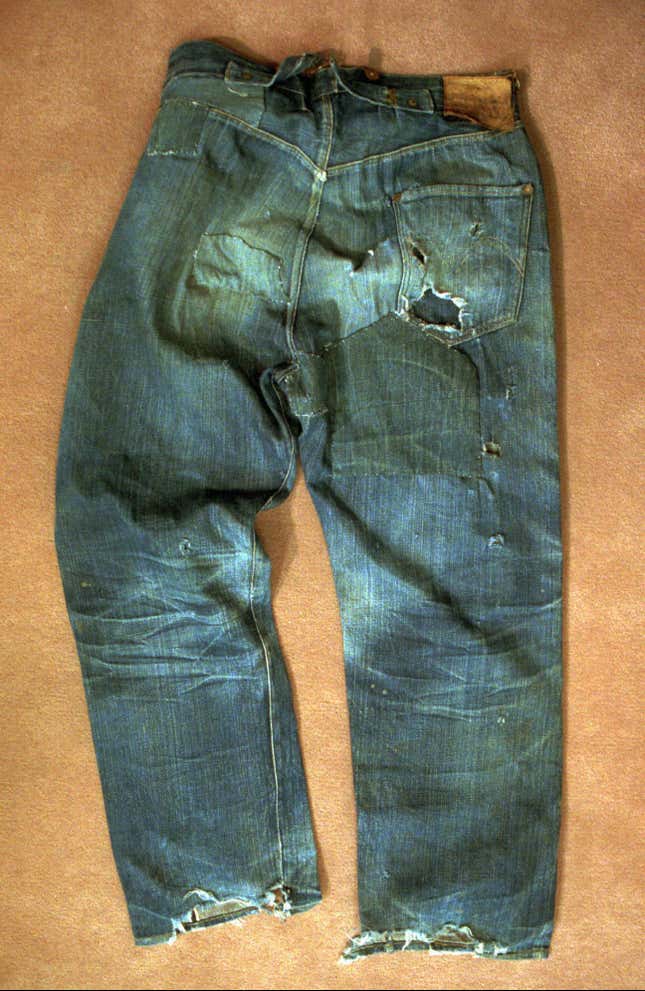 This is a Wednesday, March 12, 1997, photo of an approximately 100-year-old pair of Levi Strauss & Co. jeans recently purchased by the company for $25,000. The jeans, found last November in an abandoned mine, are one of the two oldest-known pairs of Levi's in existence. (AP Photo/Sam Morris)