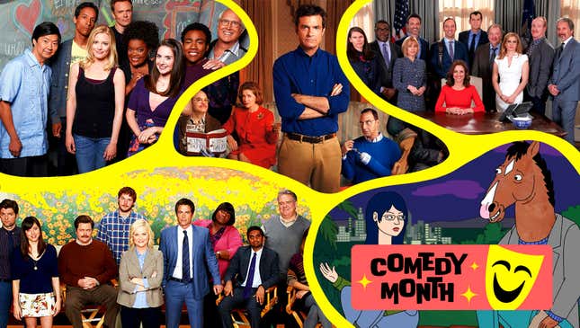 Collage of images from Parks And Recreation, Community, Arrested Development, Veep, and BoJack Horseman