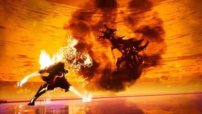 An in-game screenshot shows a giant shadow demon lunge to attack a smaller fiery creature.