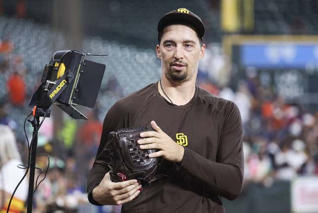 Sep 10, 2023; Houston, Texas, USA; San Diego Padres starting pitcher Blake Snell (4) walks to the dugout before the game against the Houston Astros at Minute Maid Park.