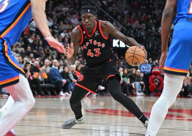 Mar 16, 2023; Toronto, Ontario, CAN; Toronto Raptors forward Pascal Siakam (43) controls the ball against the Oklahoma City Thunder in the second half at Scotiabank Arena.