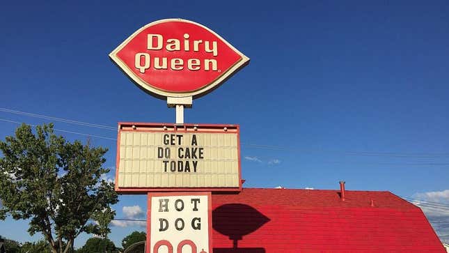 Dairy Queen sign that reads "GET A DQ CAKE TODAY"