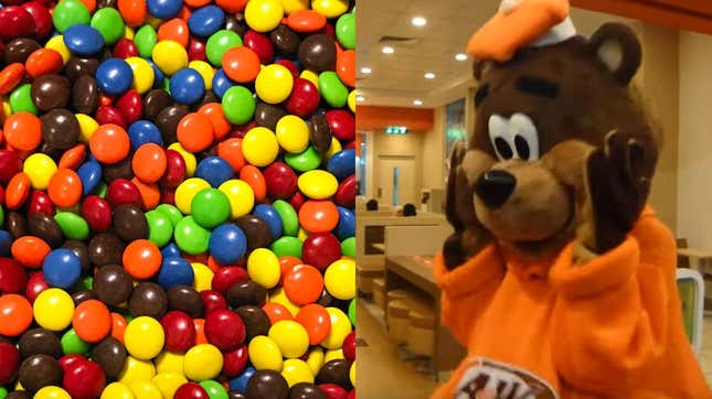 Rooty The Bear, shocked at where M&amp;M’s have led him.