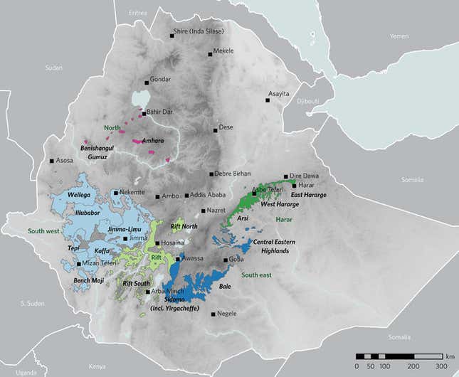 Ethiopia’s main coffee growing regions.
