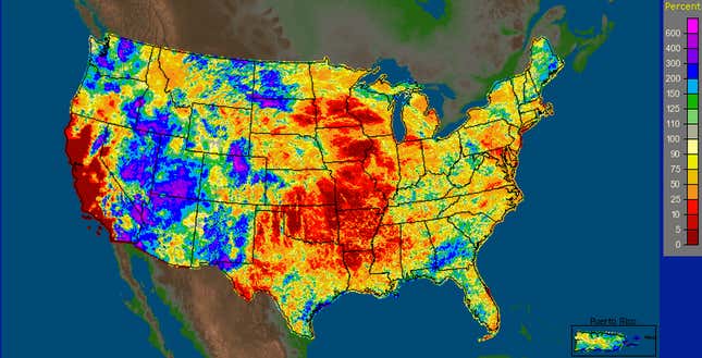 This map of US rainfall over the past 30 days shows record flooding in between expanses of drought—all of it extreme weather.