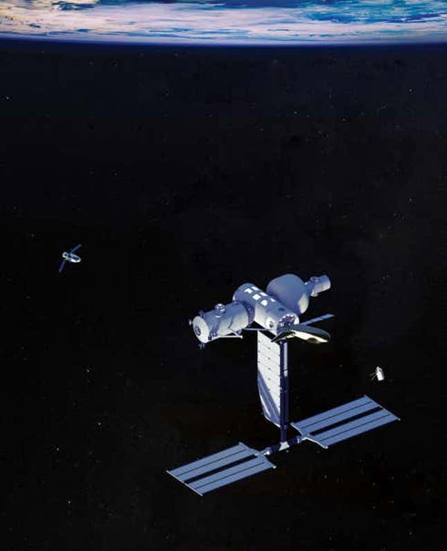 El concepto Orbital Reef, su módulo central, el mástil de energía, el módulo científico y otros elementos.