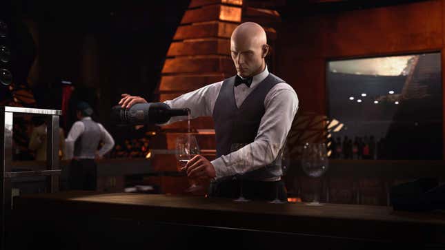 Agent 47 pours a glass of Argentinian Malbec in a brick-lined winery in Hitman 3.