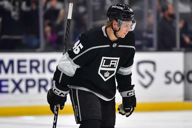 Mar 14, 2023; Los Angeles, California, USA; Los Angeles Kings center Blake Lizotte (46) reacts after scoring a goal against the New York Islanders during the second period at Crypto.com Arena.
