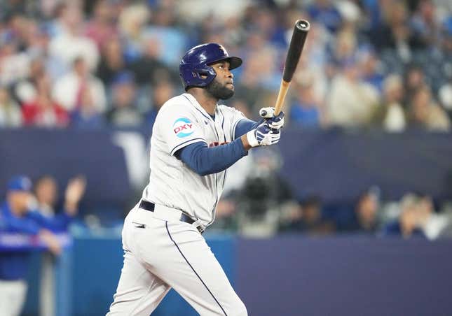 Jun 7, 2023; Toronto, Ontario, CAN; Houston Astros designated hitter Yordan Alvarez (44) hits a two run home run during the fourth inning against the Toronto Blue Jays at Rogers Centre.