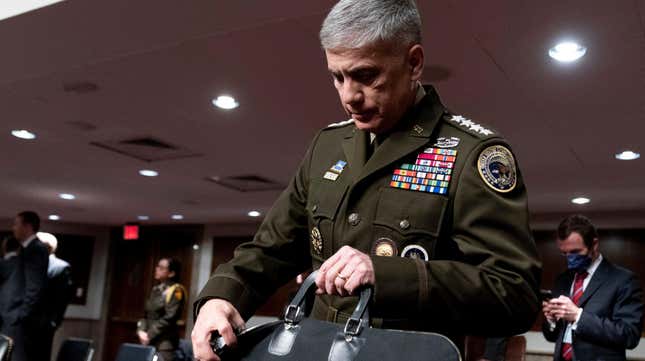 U.S. Cyber Command head, National Security Agency Director and Central Security Service Chief Gen. Paul Nakasone arrives for a Senate Armed Services hearing on Capitol Hill in Washington, Tuesday, April 5, 2022.