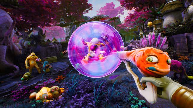 A screenshots shows an alien gun being used to trap an enemy in a pink bubble. 