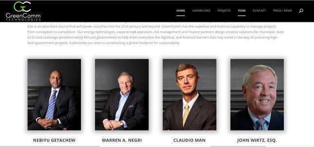 A screenshot of GreenComm Technologies’s “Meet the team” website page. It features CEO Nebiyu Getachew and COO Warren Negri