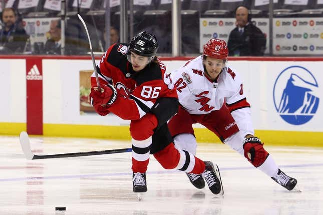 May 7, 2023; Newark, New Jersey, USA; New Jersey Devils center Jack Hughes (86) plays the puck against the Carolina Hurricanes during the first period in game three of the second round of the 2023 Stanley Cup Playoffs at Prudential Center.