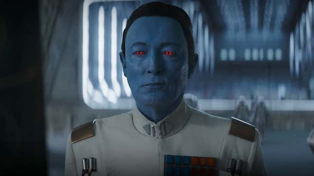 Grand Admiral Thrawn smirks with a few Storm Troopers standing behind him.