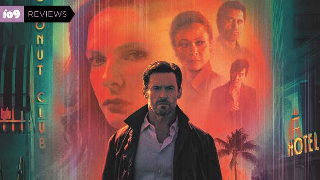 A crop of the poster for Lisa Joy's Reminiscence features Hugh Jackman's character in the foreground with four supporter characters images heavily illustrated in the background.