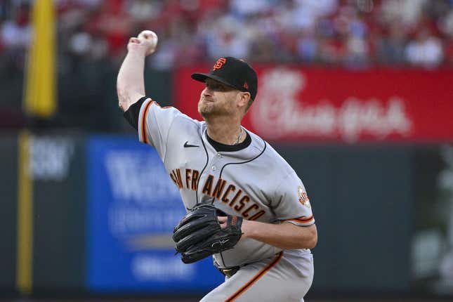 Jun 13, 2023; St. Louis, Missouri, USA;  San Francisco Giants starting pitcher Alex Cobb (38) pitches against the St. Louis Cardinals during the second inning at Busch Stadium.
