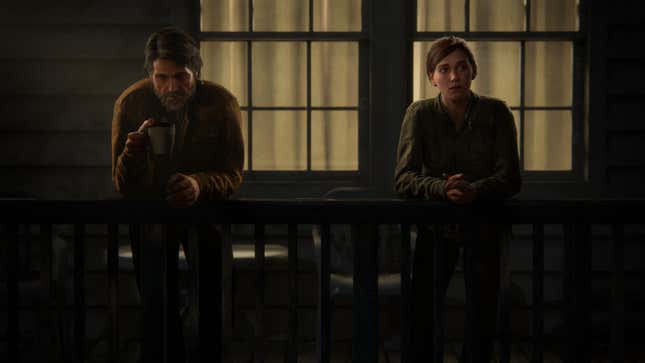 Joel and Ellie are seen standing on a porch and talking while leaned over the banister.