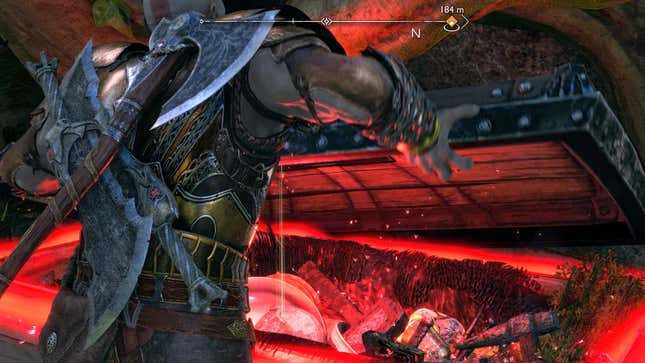 Kratos uses both hands to violently rip open a large, magical chest.