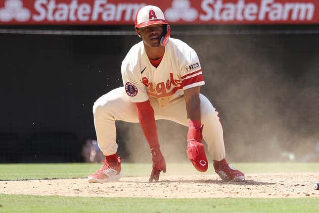 Sep 10, 2023; Anaheim, California, USA; Los Angeles Angels second baseman Kyren Paris (19) looks on after scoring on a ground out by Los Angeles Angels right fielder Randal Grichuk (15) during the third inning against the Cleveland Guardians at Angel Stadium.