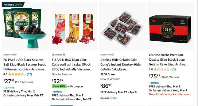 One product explicitly labeled as ‘Donkey Hide Gelatin’ was picked up in the sponsored section of Amazon’s marketplace.