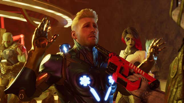 Star-Lord is held by gunpoint in a screenshot from Guardians of the Galaxy. 