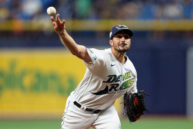 Apr 7, 2023; St. Petersburg, Florida, USA;  Tampa Bay Rays starting pitcher Zach Eflin (24) throws a pitch against the Oakland Athletics in the second inning at Tropicana Field.