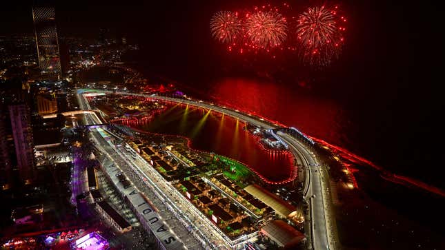 A photo of fireworks of the Saudi Arabian grand prix track. 