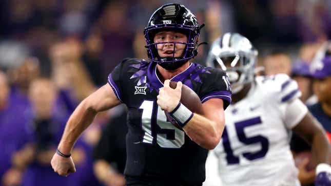 TCU’s Max Duggan carries the ball against the Kansas State Wildcats in the second half of the Big 12 Football Championship at AT&amp;T Stadium on Dec. 3, 2022 in Arlington, Texas.