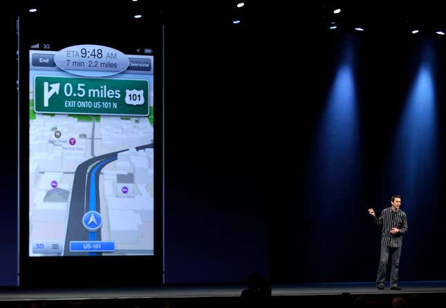 Apple senior vice president Scott Forstall demonstrates turn-by-turn directions in Apple maps at the Apple developers conference in June 2012