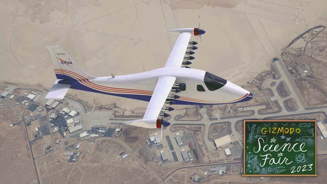 Illustration of NASA's electric X-57 Maxwell plane in flight over California.
