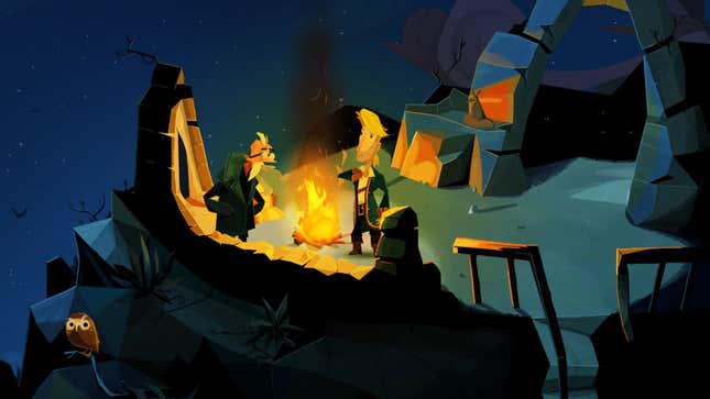 Guybrush on a clifftop, talking to a bearded man by a fire, in a very familiar scene.
