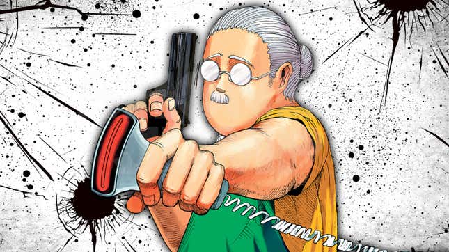 Sakamoto holds a gun in one hand and a barcode scanner in the other.