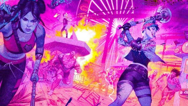 Dead Island 2 characters destroy zombies in a pink illustration.
