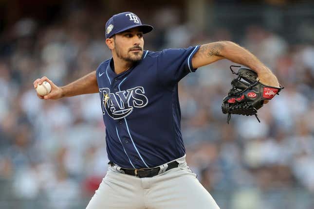 Aug 1, 2023; Bronx, New York, USA; Tampa Bay Rays starting pitcher Zach Eflin (24) pitches against the New York Yankees during the first inning at Yankee Stadium.