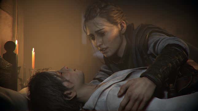 Amicia comforts Hugo in A Plague Tale: Requiem.