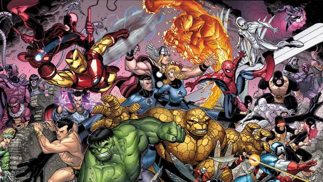 The Avengers, X-Men, Fantastic Four, and other comic-book characters gather together in an action shot.