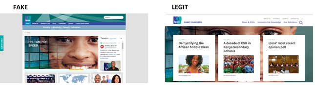 The fake site used the same background images as the legitimate public research company Ipsos site to release fake presidential polls.