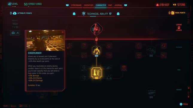 The Cyberpunk 2077 skill tree menu shows the Edgerunner perk.