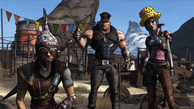 Mordecai, Brick, and Lilith stand in a group in Borderlands.