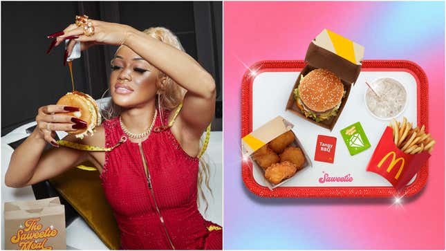 Saweetie drizzling ketchup on a big mac next to a product shot of the Saweetie Meal at McDonald's