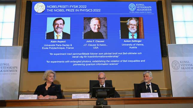 Nobel Committee for Physics members Eva Olsson, Hans Ellegren, and Thors Hans Hansson announce the Nobel Prize in Physics 2022 winners. 