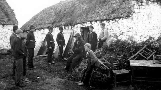 An eviction of Irish farmers during the potato famine of 1847-1850.