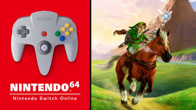 A side-by-side image of promotional art for Nintendo 64 games coming to NSO on the left and The Legend of Zelda: Ocarina of Time on the right.