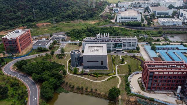 An aerial view shows the P4 laboratory (C) on the campus of the Wuhan Institute of Virology in Wuhan in China’s central Hubei province on May 27, 2020. 