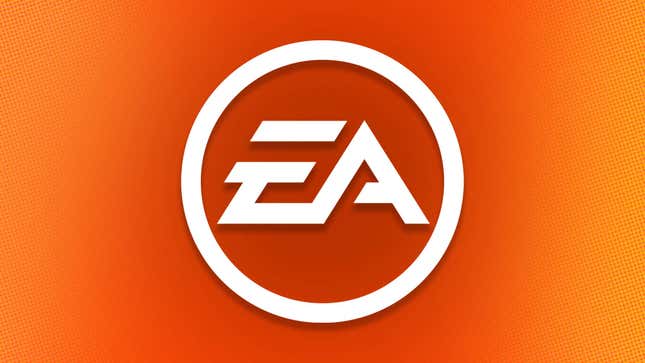 A white EA logo sits on top of a red and yellow background. 