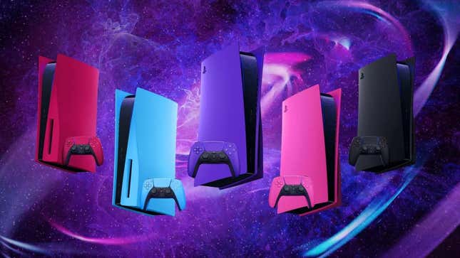 PlayStation 5 color plates hover in front of a cosmic background. 