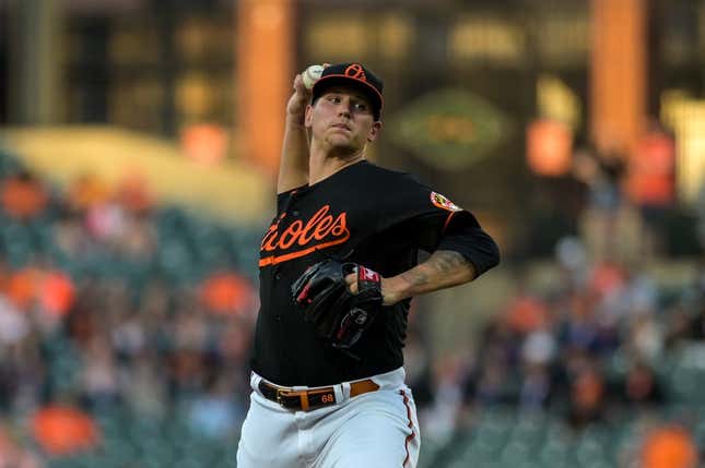 Apr 21, 2023; Baltimore, Maryland, USA;  Baltimore Orioles starting pitcher Tyler Wells (68) throws a first inning pitch against the Detroit Tigers at Oriole Park at Camden Yards.
