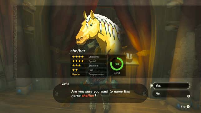 A graphic shows stats for a horse named she/her.